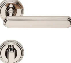 Outlet Hardwarexchange 2 poignées rosace ronde, rosace condamnation, finition nickel poli garantie 5 ans, pour porte des WC.