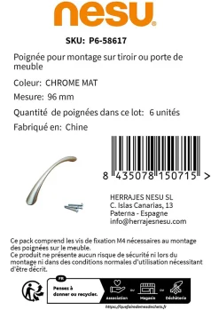 New Nesu 6 Un. poignées de meuble chromé mat - entraxe 96MM