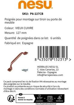 Clearance Nesu 6 Un. poignées de meuble en cuivre vieux tiroir classique - entraxe 96MM