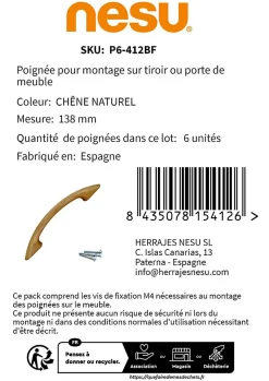 Outlet Nesu 6 Un. poignées de meuble en bois roble laqué naturel - entraxe 96MM