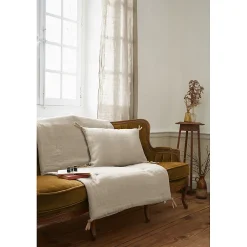 Meubletmoi Coussin 40 x 60 cm en lin lavé sable avec 4 nouettes en jute - LUISA
