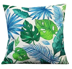 Clearance Deko & Co Coussin carré feuillage tropical vert et bleu L.45 x l.45cm Deco&co