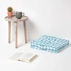 Hot Homescapes Coussin de sol bleu à  grands carreaux vichy, 50 x 50 cm -