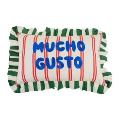 Taxi Brousse x Castorama Coussin Taxi Brousse brodé - Mucho Gusto - rayé rouge avec volants verts