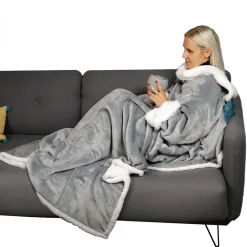 Vivezen Couverture polaire, plaid intégral avec manches et poche - 140 x 210 cm - Sherpa et flanelle - Adulte - Gris -* Plaid Canapé