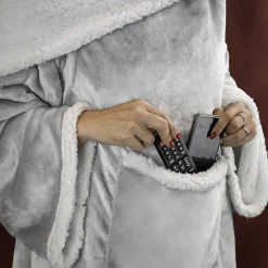 Vivezen Couverture polaire, plaid intégral avec manches et poche - 140 x 210 cm - Sherpa et flanelle - Adulte - Gris -* Plaid Canapé