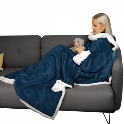 New Vivezen Couverture polaire, plaid intégral avec manches et poche - 140 x 210 cm - Sherpa et flanelle - Adulte - Bleu -
