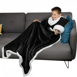 Vivezen Couverture polaire, plaid intégral avec manches et poche - 120 x 160 cm - Sherpa et flanelle - Enfant - Noir -* Plaid Canapé
