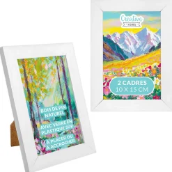 Creative Home 2x Cadre Photo 10x15cm Blanc Mural - Bois de Pin - Support Crochets - Accrocher Horizontalement ou Verticalement* Cadre 10 X 15 Cm