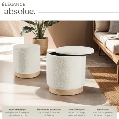 Tectake Ensemble de 2 poufs avec espace de rangement rond grand tabouret 38 x 42 cm, petit tabouret 32 x 34 cm* Pouf Et Poire