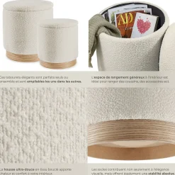 Tectake Ensemble de 2 poufs avec espace de rangement rond grand tabouret 38 x 42 cm, petit tabouret 32 x 34 cm* Pouf Et Poire