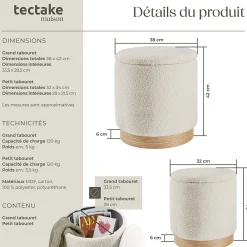 Tectake Ensemble de 2 poufs avec espace de rangement rond grand tabouret 38 x 42 cm, petit tabouret 32 x 34 cm* Pouf Et Poire