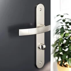 Outlet GoodHome Ensemble poignée sur plaque rond à condamnation Diss effet nickel satin gris L.139mm x l.40mm entraxe 195mm