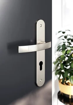 Best GoodHome Ensemble poignée sur plaque rondcylindre Diss effet nickel satin gris L.139mm x l.40mm entraxe 195mm
