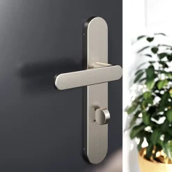 Sale GoodHome Ensemble poignée sur plaque rond à condamnation Minzh effet nickel satin gris L.120mm x l.42mm entraxe 165-195mm