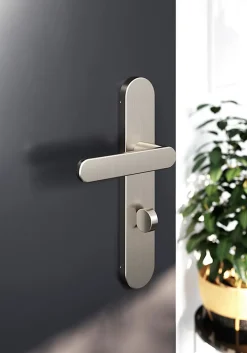 Sale GoodHome Ensemble poignée sur plaque rond à condamnation Minzh effet nickel satin gris L.120mm x l.42mm entraxe 165-195mm