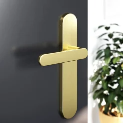 Outlet GoodHome Ensemble poignée sur plaque rond Minzh effet laiton satin doré L.120mm x l.42mm entraxe 165-195mm