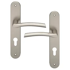 GoodHome Ensemble poignée sur plaque extérieur rond cylindre Hirel effet nickel satin gris chromé L.128mm x l.40mm entraxe 195mm* Poignée De Porte D'Entrée|Poignée Sur Plaque