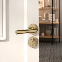 Discount GoodHome Ensemble poignée sur rosace rond à pousser Tudy Laiton Jaune Ø52mm