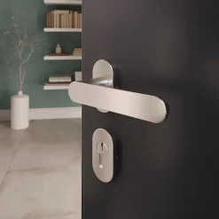 GoodHome Ensemble poignée sur rosace à visser Minzh effet nickel satin gris Ø63mm* Poignée De Porte D'Entrée|Poignée Sur Rosace