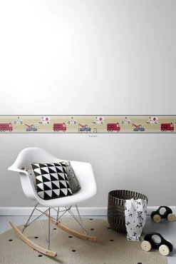 Estahome frise papier peint camions de pompiers et voitures de police beige, rouge et bleu - 500 x 17.6 cm - 177305* Frise Murale