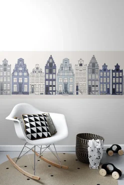 Estahome frise papier peint intissé XXL maisons bordant les canaux d'Amsterdam bleu - 430 x 50 cm - 157713* Frise Murale