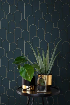 Estahome papier peint art déco bleu foncé et or - 50 x 900 cm - 139657* Papier Peint Pour Couloir|Papier Peint Art Déco