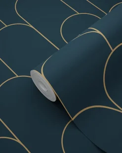 Estahome papier peint art déco bleu foncé et or - 50 x 900 cm - 139657* Papier Peint Pour Couloir|Papier Peint Art Déco
