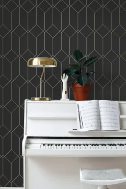 Sale Estahome papier peint art déco noir et or - 53 cm x 10.05 m - 139746
