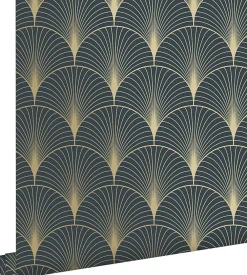 Best Estahome papier peint art déco bleu foncé et or - 53 cm x 10.05 m - 139231
