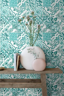 Sale Estahome papier peint carreaux de ciment turquoise - 53 cm x 10.05 m - 148635