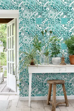 Sale Estahome papier peint carreaux de ciment turquoise - 53 cm x 10.05 m - 148635
