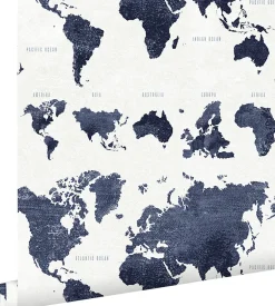 Outlet Estahome papier peint cartes du monde bleu foncé - 53 cm x 10.05 m - 138972