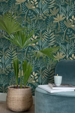 Sale Estahome papier peint feuilles bleu foncé et vert - 50 x 900 cm - 139681