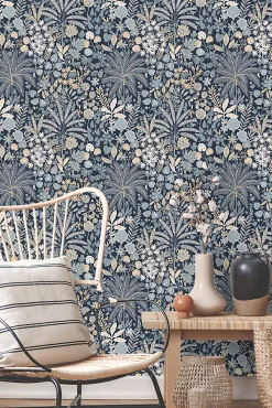 Estahome papier peint feuilles et fleurs tropicales bleu gris et beige - 0.53 x 10.05 m - 130948* Papier Peint Pour Couloir|Papier Peint Naturel Et Tropical