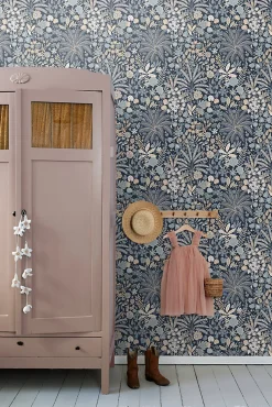 Estahome papier peint feuilles et fleurs tropicales bleu gris et beige - 0.53 x 10.05 m - 130948* Papier Peint Pour Couloir|Papier Peint Naturel Et Tropical