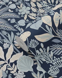 Estahome papier peint feuilles et fleurs tropicales bleu gris et beige - 0.53 x 10.05 m - 130948* Papier Peint Pour Couloir|Papier Peint Naturel Et Tropical
