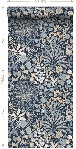 Estahome papier peint feuilles et fleurs tropicales bleu gris et beige - 0.53 x 10.05 m - 130948* Papier Peint Pour Couloir|Papier Peint Naturel Et Tropical