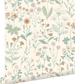 Estahome papier peint fleurs des champs vert, terracotta et violet - 53 cm x 10.05 m - 139481* Papier Peint Fleuri