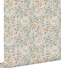 Sale Estahome papier peint fleurs bleu grisâtre, rose terracotta et vert - 53 cm x 10.05 m - 139837