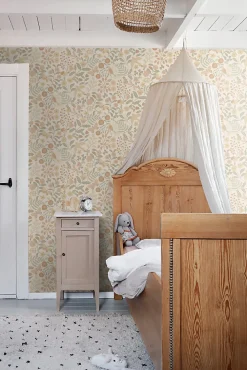 Sale Estahome papier peint fleurs et oiseaux beige, vert et rose clair - 53 cm x 10.05 m - 139867