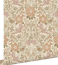Estahome papier peint fleurs et oiseaux de style art nouveau couleur sable, beige et vieux rose - 53 cm x 10.05 m - 139566* Papier Peint Fleuri
