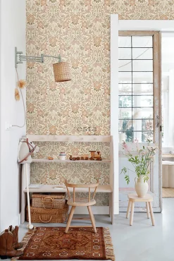 Estahome papier peint fleurs et oiseaux de style art nouveau couleur sable, beige et vieux rose - 53 cm x 10.05 m - 139566* Papier Peint Fleuri