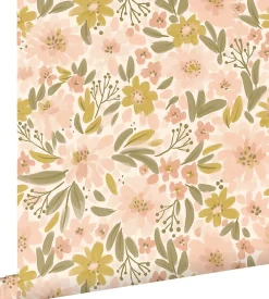 Online Estahome papier peint fleurs rose clair, jaune ocre et vert grisé - 50 x 900 cm - 130924
