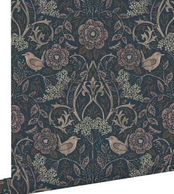 Estahome papier peint fleurs et oiseaux bleu foncé et vieux rose - 53 cm x 10.05 m - 139832* Papier Peint|Papier Peint Fleuri