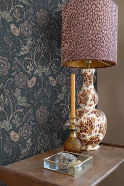 Estahome papier peint fleurs et oiseaux bleu foncé et vieux rose - 53 cm x 10.05 m - 139832* Papier Peint|Papier Peint Fleuri