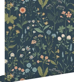 Estahome papier peint fleurs des champs bleu foncé, vert et rose - 53 cm x 10.05 m - 139698* Papier Peint Fleuri