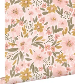Sale Estahome papier peint fleurs rose clair, jaune ocre et vert grisé - 50 x 900 cm - 130923