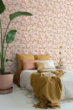 Sale Estahome papier peint fleurs rose clair, jaune ocre et vert grisé - 50 x 900 cm - 130923
