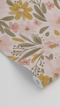 Sale Estahome papier peint fleurs rose clair, jaune ocre et vert grisé - 50 x 900 cm - 130923